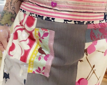 Cute patchwork half apron | featured in Somerset Studio | upcycled from thrifted & hand me down pants | unlined with a tie waist