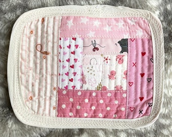 Pretty Pink Quilted Mug Rug | sassy little coffee placemat | girly fabric coaster | kawaii mugrug | patchwork mini quilt | kid snack mat
