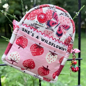 Strawberry Butterfly Quilted Mini Backpack | Cute Cotton Bag or Tote Charm in Red and Pink  Fabric | tiny summer berry purse bling