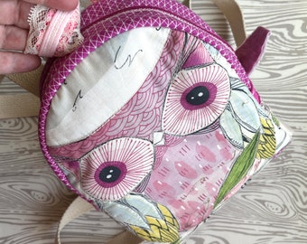 Quilted Mini Backpack - Owl See Ya Later | Cute & sturdy back pack in Cori Dantini fabric | size small - fully lined w/ ooak handdyed fabric