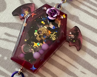 Purple rose Flying Coffin resin shaker necklace on 20 inch antique brass finish chain link | spooky steampunk unisex Halloween charm