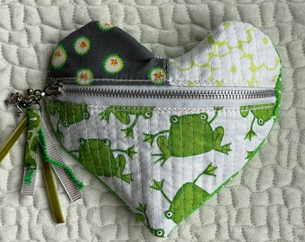 Kiss the Frog heart shaped clutch | modern quilted zipper pouch with charms and handmade tassel | small purse with optional crossbody strap