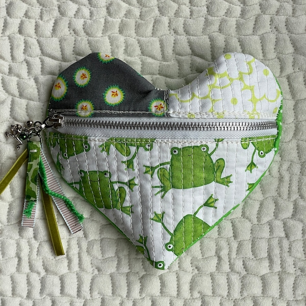 Kiss the Frog heart shaped clutch | modern quilted zipper pouch with charms and handmade tassel | small purse with optional crossbody strap