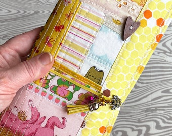 Spring Fever refillable watercolor journal with patchwork quilted cover | yellow & pink mixed media sketchbook | ooak blank fabric notebook