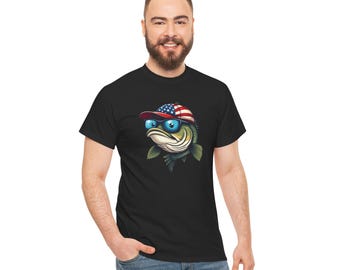 Cooler Bass Fisch mit Hut der amerikanischen Flagge - lustiges Vatertags-Fischen-T-Shirt