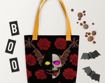 Gothic Skull & Red Rose Tote Bag – Bat Wing Halloween Fashion
