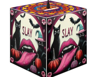 Lampe cube d'Halloween : lèvres gothiques, chats et chauves-souris - Décoration effrayante