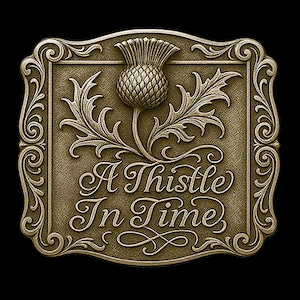 May include: A bronze-colored plaque with a detailed thistle design and the words "A Thistle In Time" in elegant script. The plaque has a rectangular shape with ornate scrollwork around the edges, set against a black background.