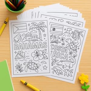 May include: Black and white coloring pages featuring illustrations of the Bahamas and Costa Rica. The Bahamas page includes a flag, palm tree, and the word "Bahamas". The Costa Rica page includes a flag, volcano, and the word "Costa Rica".