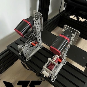 May include: Two racing simulator pedals with black cylinders and red accents. The pedals are mounted on a black platform with silver springs and a silver foot plate. The logo "VRS" is visible in the lower left corner.