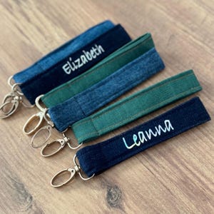 Personalized Denim Keychain | Recycled Jeans Fabric | Custom Name Gift | Sustainable Handmade Gift