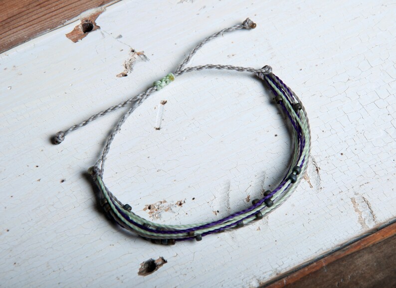 surfer bracelet adjustable bracelet Gray and Mint String Bracelet with dark gray seed beads Purple beach jewelry wax bracelet
