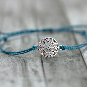 Boho chic waterproof bracelet with Mandala charm, sea pine green, layering bracelet, beach jewelry, adjustable, surf bracelet