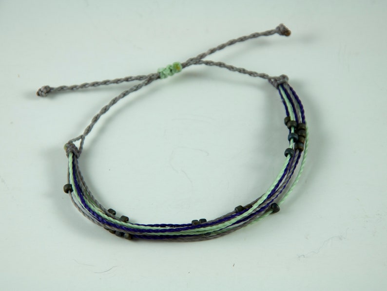 surfer bracelet adjustable bracelet Gray and Mint String Bracelet with dark gray seed beads Purple beach jewelry wax bracelet