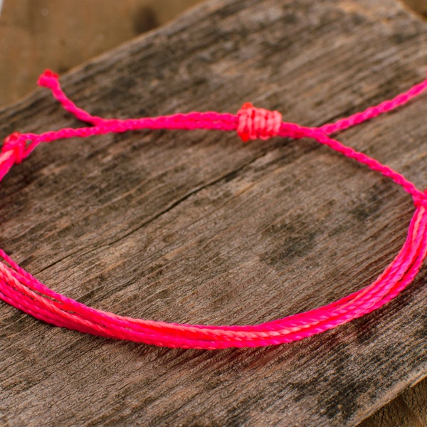 Neon pink and neon coral string bracelet, beach jewelry, waxed bracelet, adjustable. surfer bracelet, surf jewelry