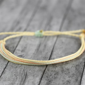 String bracelet, baby mint, blush peach and pastel yellow, surfer bracelet, wax bracelet, beach jewelry, adjustable bracelet, surf jewelry