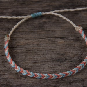 Mini Braided Bracelet, mint, coral and cream surfer bracelet, fishtail braid, wax bracelet, beach jewelry, adjustable bracelet, surf jewelry