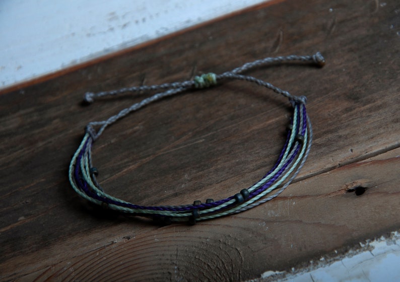 surfer bracelet adjustable bracelet Gray and Mint String Bracelet with dark gray seed beads Purple beach jewelry wax bracelet