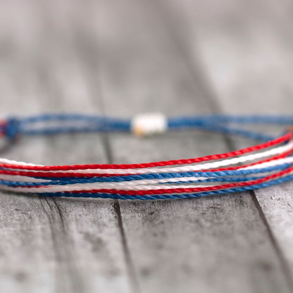 Waterproof American bracelet, red, white and blue string bracelet, patriotic, beach jewelry, surf bracelet, adjustable