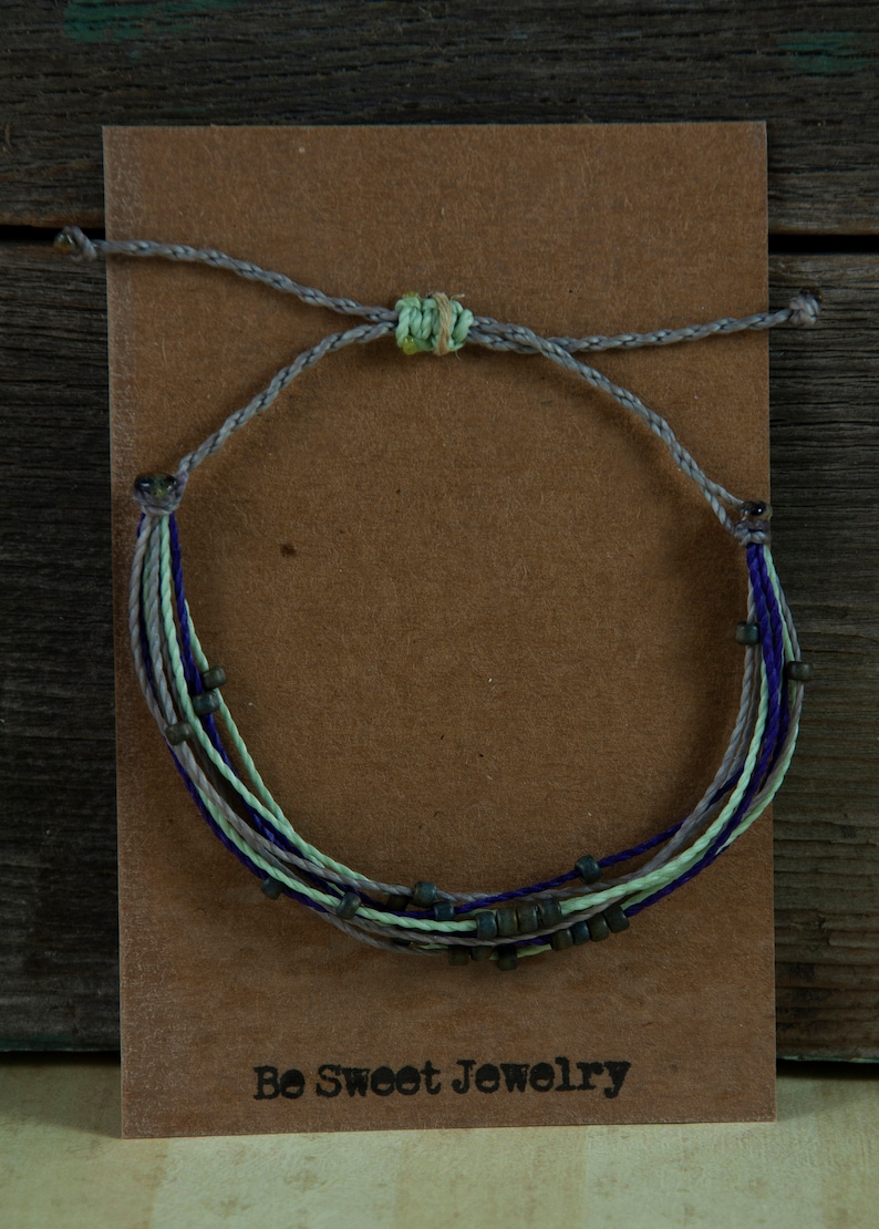 surfer bracelet adjustable bracelet Gray and Mint String Bracelet with dark gray seed beads Purple beach jewelry wax bracelet