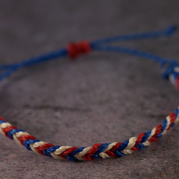 Braided bracelet, red, white and blue surfer bracelet, fishtail braid, wax bracelet, beach jewelry, adjustable bracelet, patriotic, surf