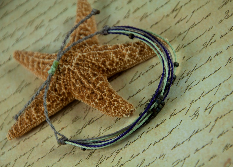 surfer bracelet adjustable bracelet Gray and Mint String Bracelet with dark gray seed beads Purple beach jewelry wax bracelet