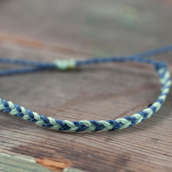 Mini braided string bracelet steel blue, pastel green, surfer bracelet, wax bracelet, beach jewelry, adjustable bracelet