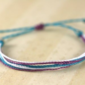 String Bracelet, purple, white and blue surfer bracelet, wax bracelet, beach jewelry, adjustable bracelet, surf jewelry