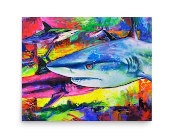 Vibrant Shark Art Print, Neon Ocean Wall Decor, Sea Life Painting, Underwater Home Art