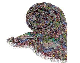 Bufanda ligera con estampado floral vibrante, chal bohemio para verano, accesorio de moda inspirado en el arte, chal ligero para fiestas y regalos.