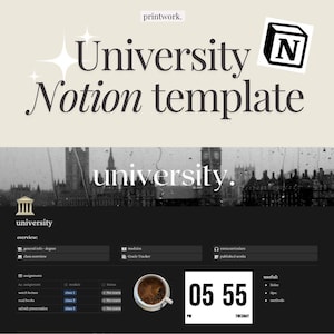 Op de afbeelding: Een zwart-witte afbeelding van een computerscherm met een Notion-sjabloon voor universiteitsstudenten. Het sjabloon bevat secties voor algemene informatie, modules, opdrachten, buitenschoolse activiteiten en gepubliceerde werken. Het scherm toont ook een klok die de tijd 17:55 uur en de dag dinsdag aangeeft.