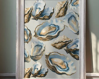 Abstract Pastel Blue Oyster Art, Coastal Beach House Print, Watercolor Seashell Painting, Modern Beach House Wall Decor, Digital Download