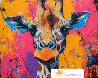 Retrato de jirafa colorido para descargar digitalmente, arte imprimible con retrato de animal vibrante, decoración abstracta de safari, arte de pared de jirafa para guardería