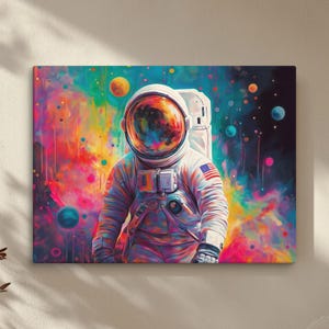 Astronaut Canvas Wall Art – Colorful Space Explorer Canvas,  Abstract Paint Splash Background, Vibrant Cosmic Decor, Sci-Fi Art Print,