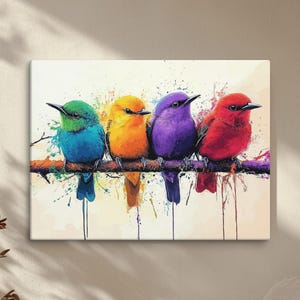 Colorful Birds Wall Art - Vibrant Watercolor Bird Painting on Canvas - Modern Abstract Nature Decor - Colorful Paint Splash Art, Wild art