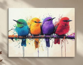Colorful Birds Wall Art - Vibrant Watercolor Bird Painting on Canvas - Modern Abstract Nature Decor - Colorful Paint Splash Art, Wild art