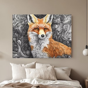 Red Fox Canvas Wall Art, Vibrant Fox Artwork, Fantasy Art Style, Detailed Red Fur, Unique Animal Art for Living Room Decor, Fox Wall Decor