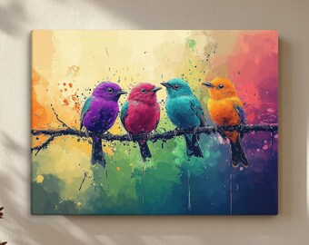 Colorful Birds Canvas Wall Art, Bright Watercolor Birds on Branch, Abstract Splash Paint canvas, Vibrant Wildlife Print, Nature Lover Gift