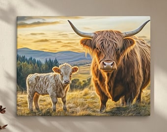 Highland Cow and Calf Canvas – Serene Scottish Countryside Art in Warm Golden Light, Perfect for Farmhouse, Rustic, Nature-Inspired Decor