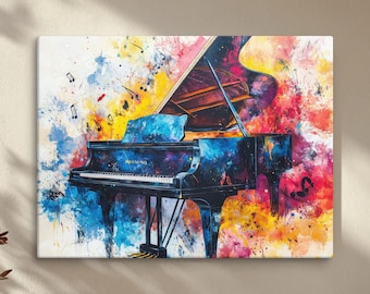 Può includere: Un dipinto astratto colorato di un pianoforte a coda con note musicali sparse intorno. Il pianoforte è dipinto in tonalità di blu, nero e oro, con schizzi di vernice gialla, rossa e rosa.
