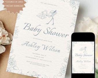 Invitation vintage modifiable de baby shower de Cigogne | Faire-part numérique élégant et neutre | Modèle numérique | Téléchargement instantané