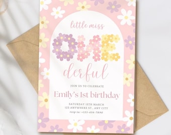 Invitación de primer cumpleaños de Little Miss Onederful / Invitación floral para primer cumpleaños / Invitación editable para cumpleaños de niña / Descarga instantánea