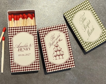Personalized Vintage Checkerboard Wedding Matchboxes, The Perfect Match Wedding Matches, Elegant Bridal Shower and Reception Favors