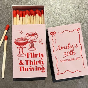 Flirty & Thirty Thriving Cocktail Matches for Milestone Birthday Celebration, Custom 30th Birthday Matchboxes, Unique Party Favors in Bulk