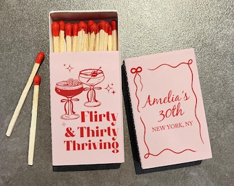 Flirty & Thirty Thriving Cocktail Matches for Milestone Birthday Celebration, Custom 30th Birthday Matchboxes, Unique Party Favors in Bulk