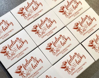 Custom Feeling Lucky Matchboxes • Bachelorette Party Favors • Casino Dice Theme • Personalized Matches • Bach Weekend Gift • Wedding Matches
