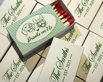 Custom Pet Wedding Matchbooks, Personalized Dog & Cat Portrait Wedding Favors, Funny Drinks on Us Signature Matches for Wedding Guests