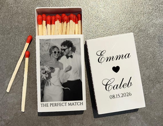 The Perfect Match Wedding Matchbox with Couple Photo – Custom Vintage Wedding Matches in Bulk – Bridal Shower & Engagement Party Favors