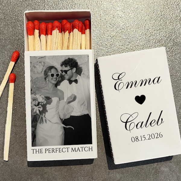 The Perfect Match Wedding Matchbox with Couple Photo – Custom Double-Sided Wedding Matches in Bulk – Bridal Shower & Engagement Party Favors