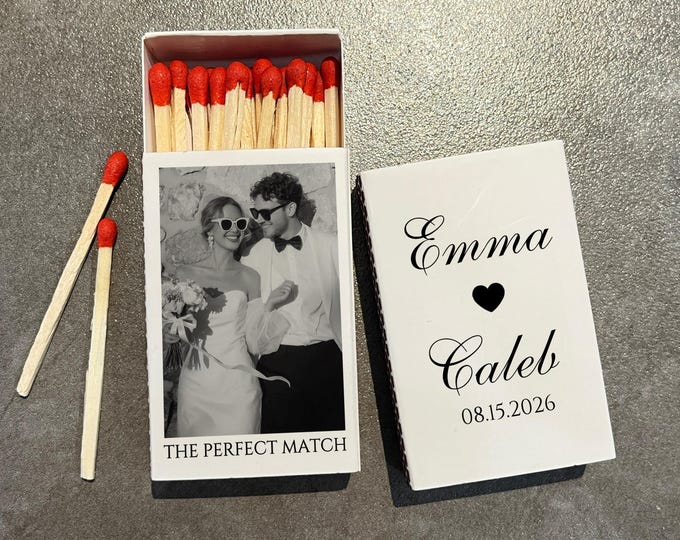 The Perfect Match Wedding Matchbox with Couple Photo – Custom Vintage Wedding Matches in Bulk – Bridal Shower & Engagement Party Favors